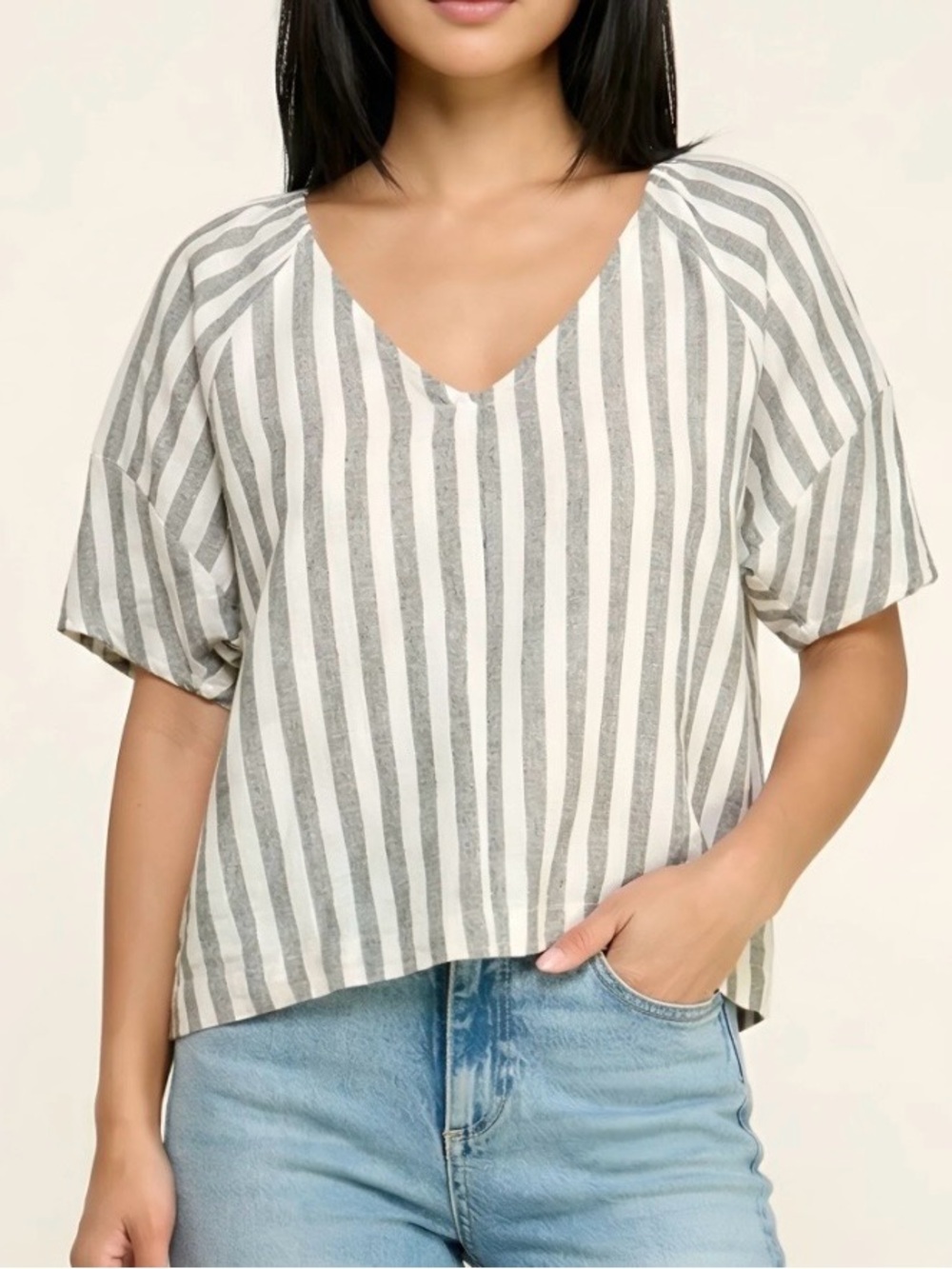 fab'rik Gray and White Striped V-Neck Short Sleeve Top